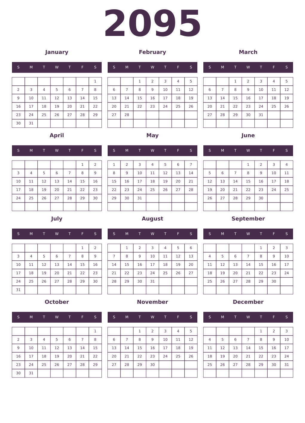 Printable 2095 Year Calendars aubergine