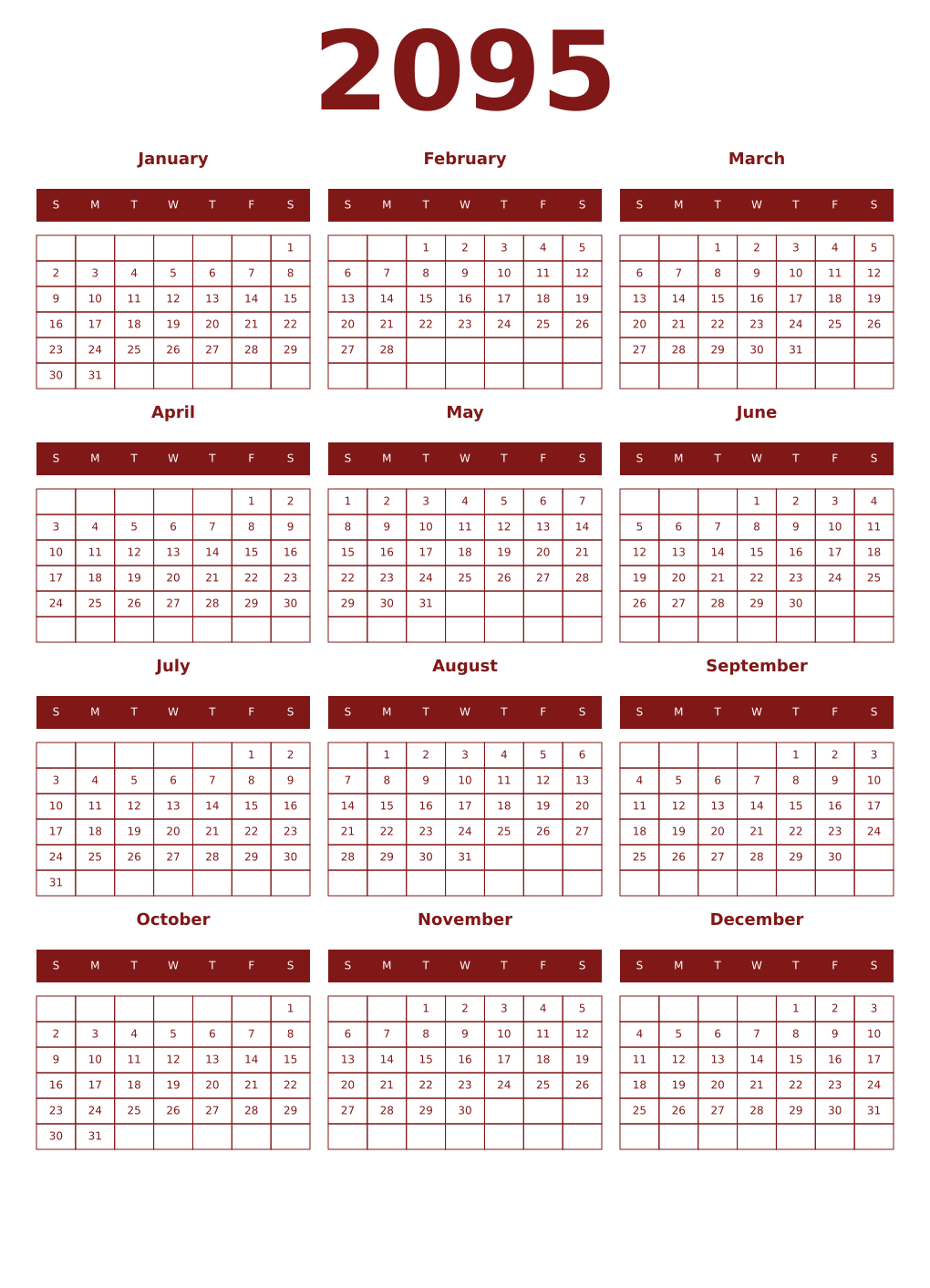 Printable 2095 Year Calendars falu