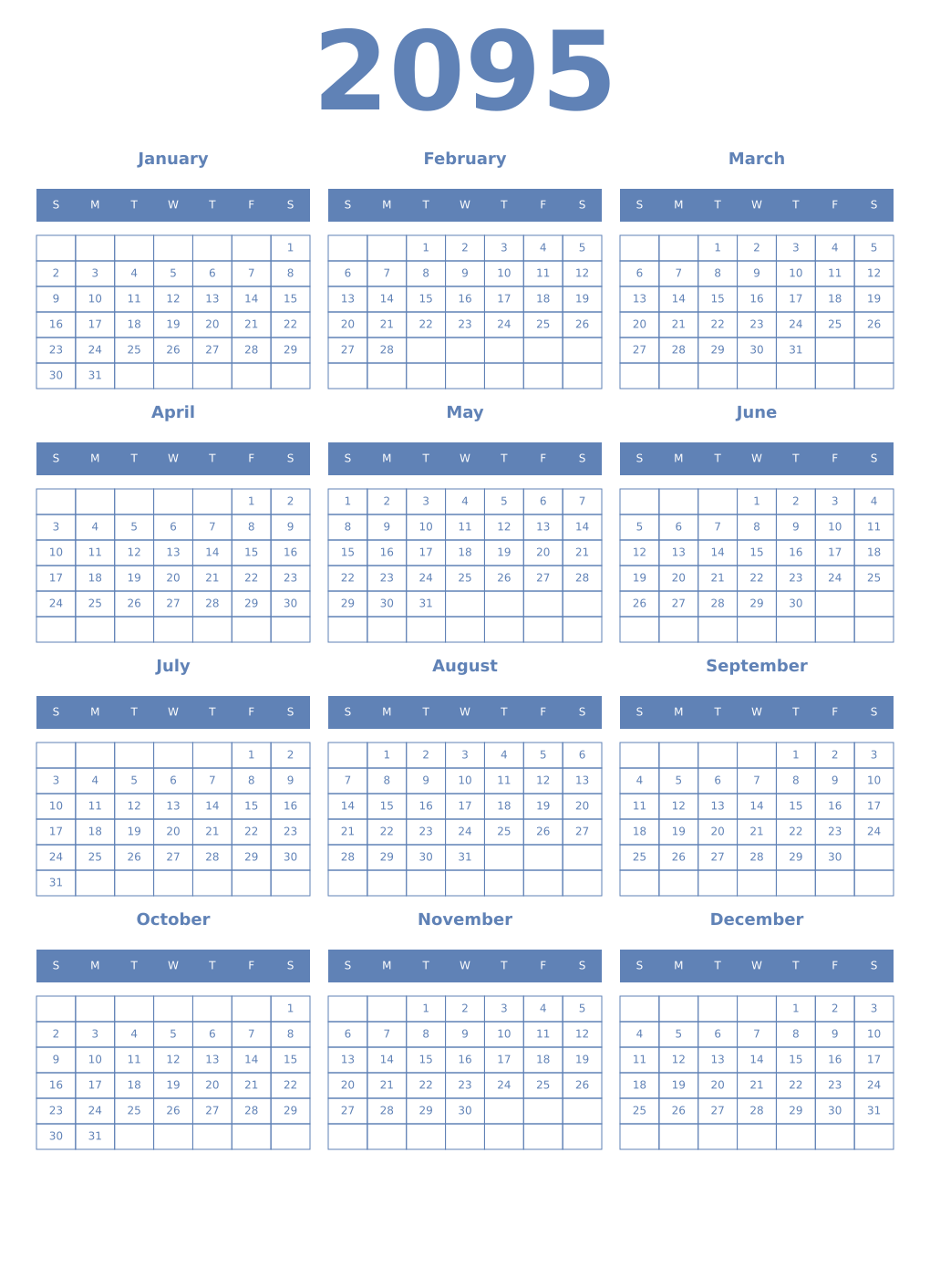 Printable 2095 Year Calendars glaucous