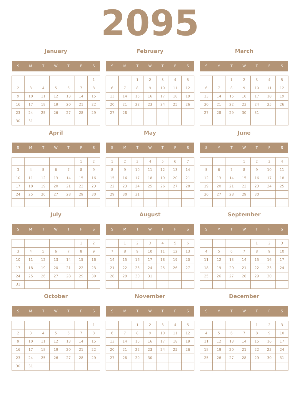 Printable 2095 Year Calendars isabelline