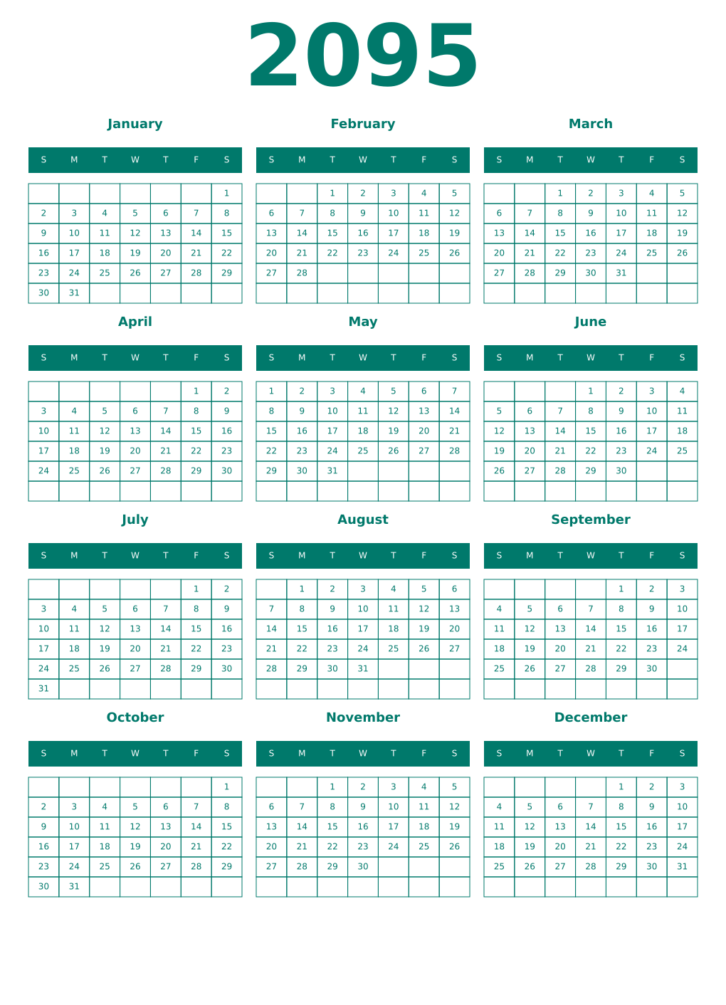 Printable 2095 Year Calendars pastel