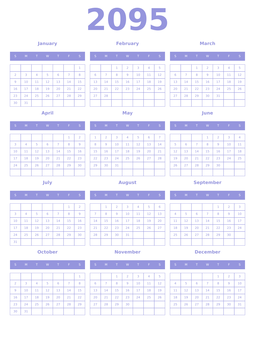 Printable 2095 Year Calendars periwinkle