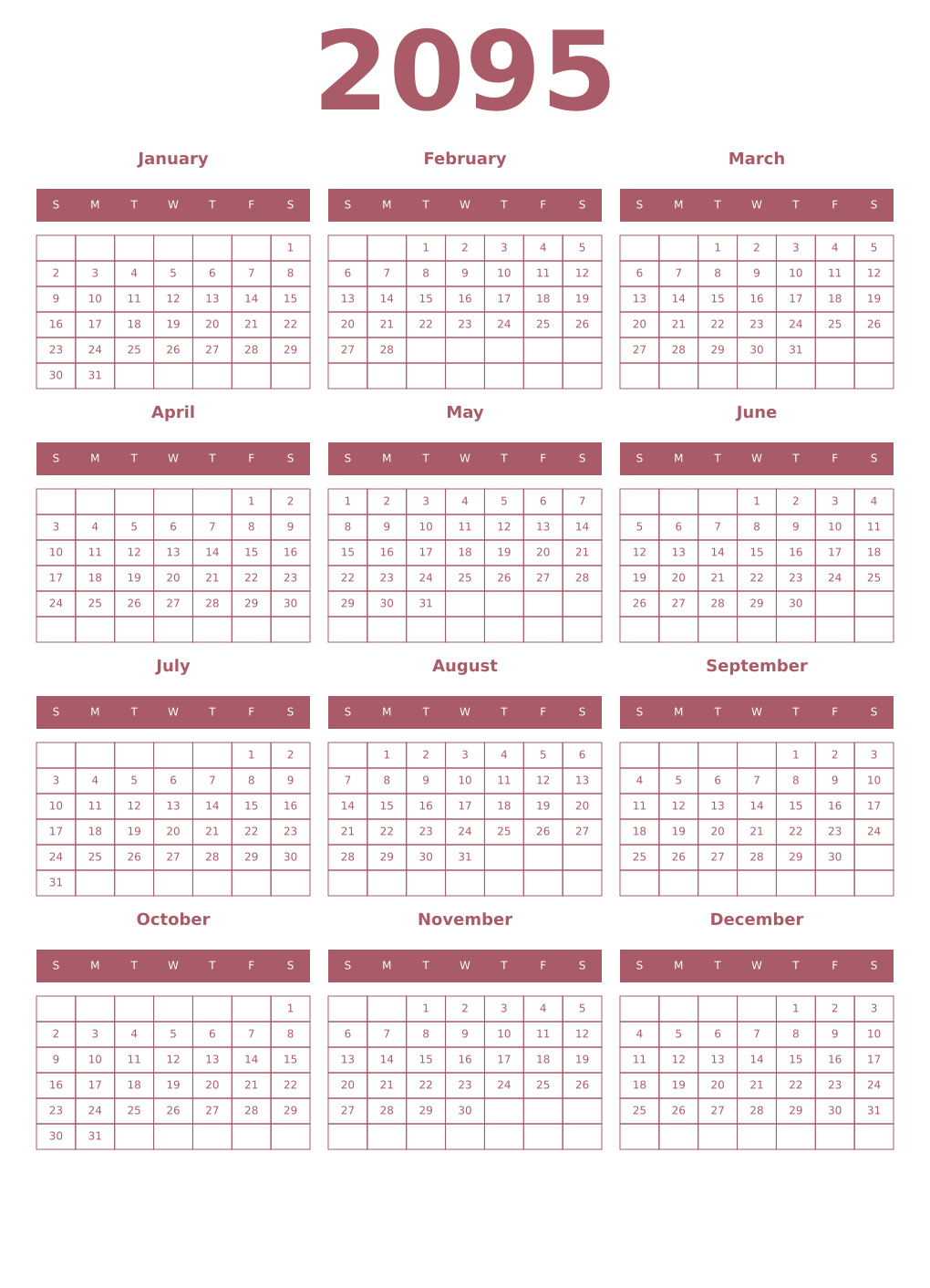 Printable 2095 Year Calendars puce