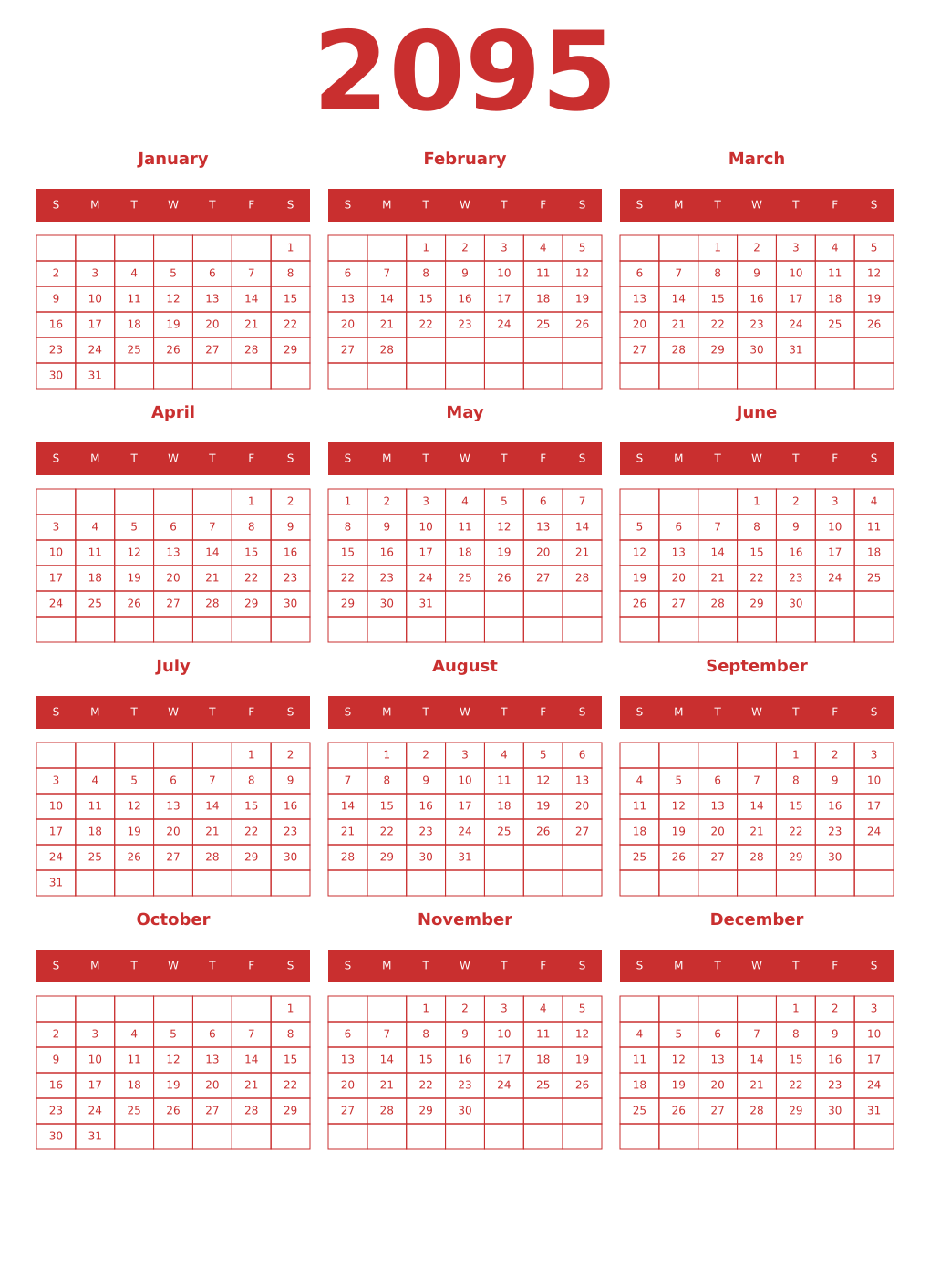 Printable 2095 Year Calendars red