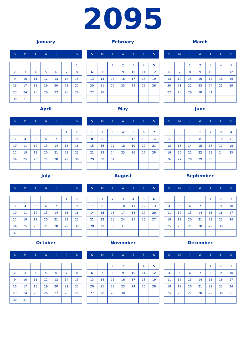 Printable 2095 Year Calendars smalt