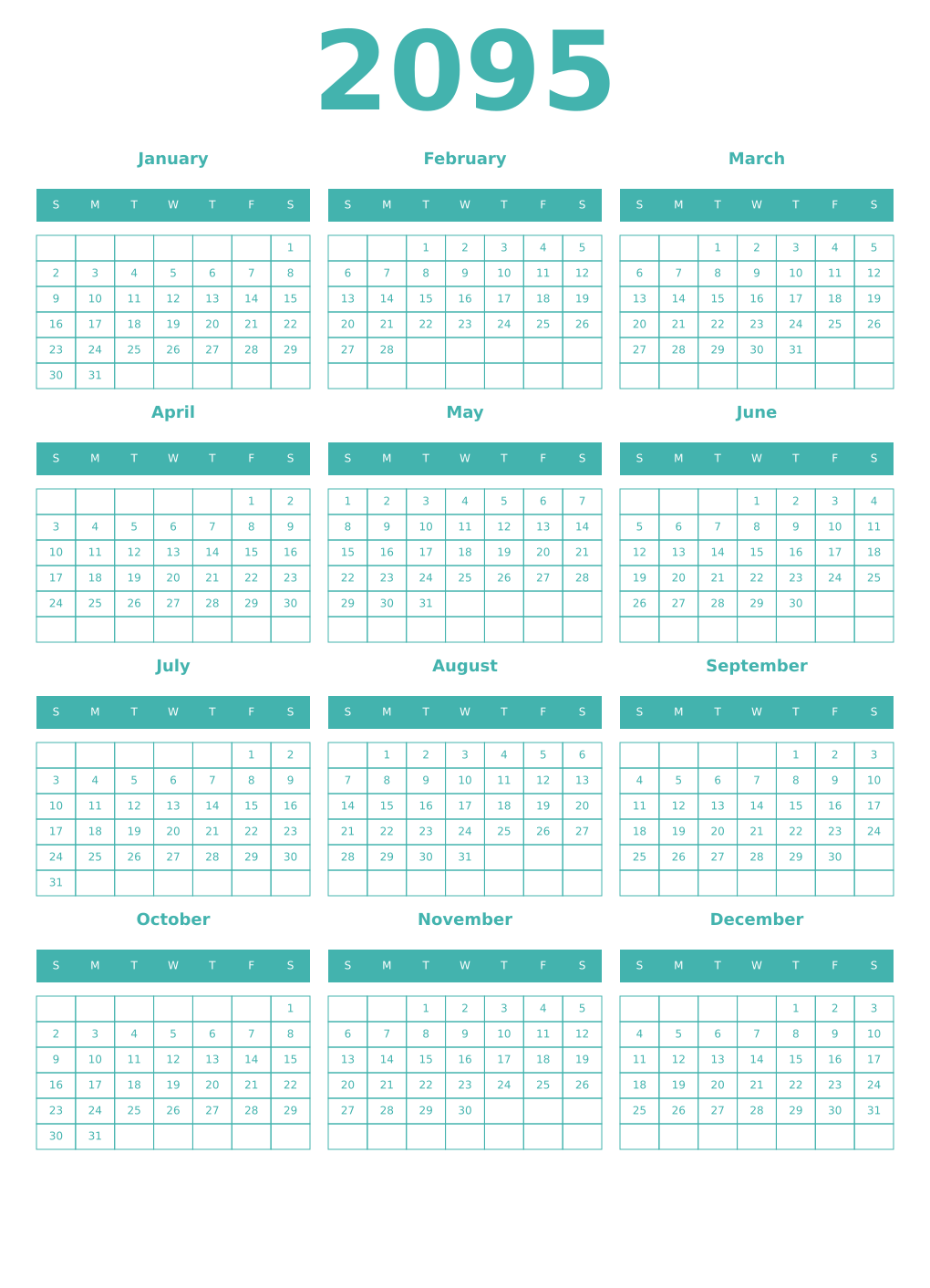 Printable 2095 Year Calendars verdigris