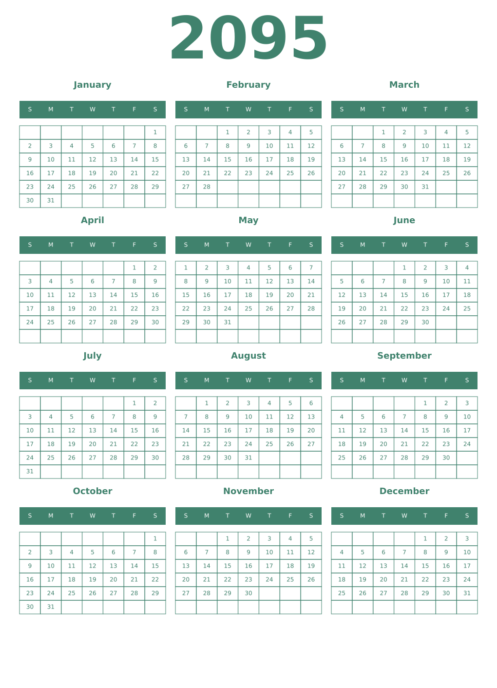Printable 2095 Year Calendars viridian