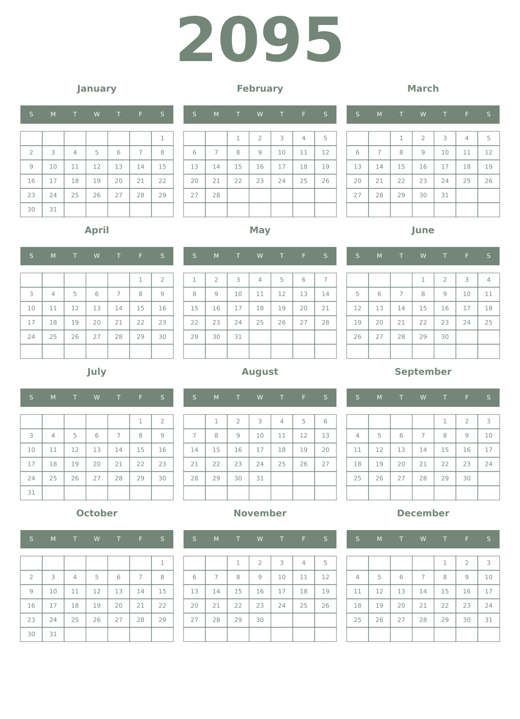 Printable 2095 Year Calendars xanadu