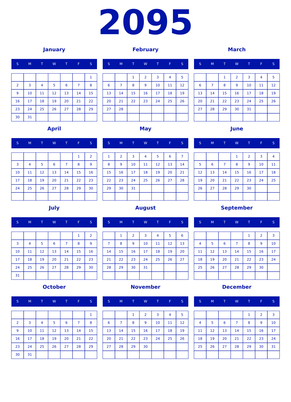 Printable 2095 Year Calendars zaffre