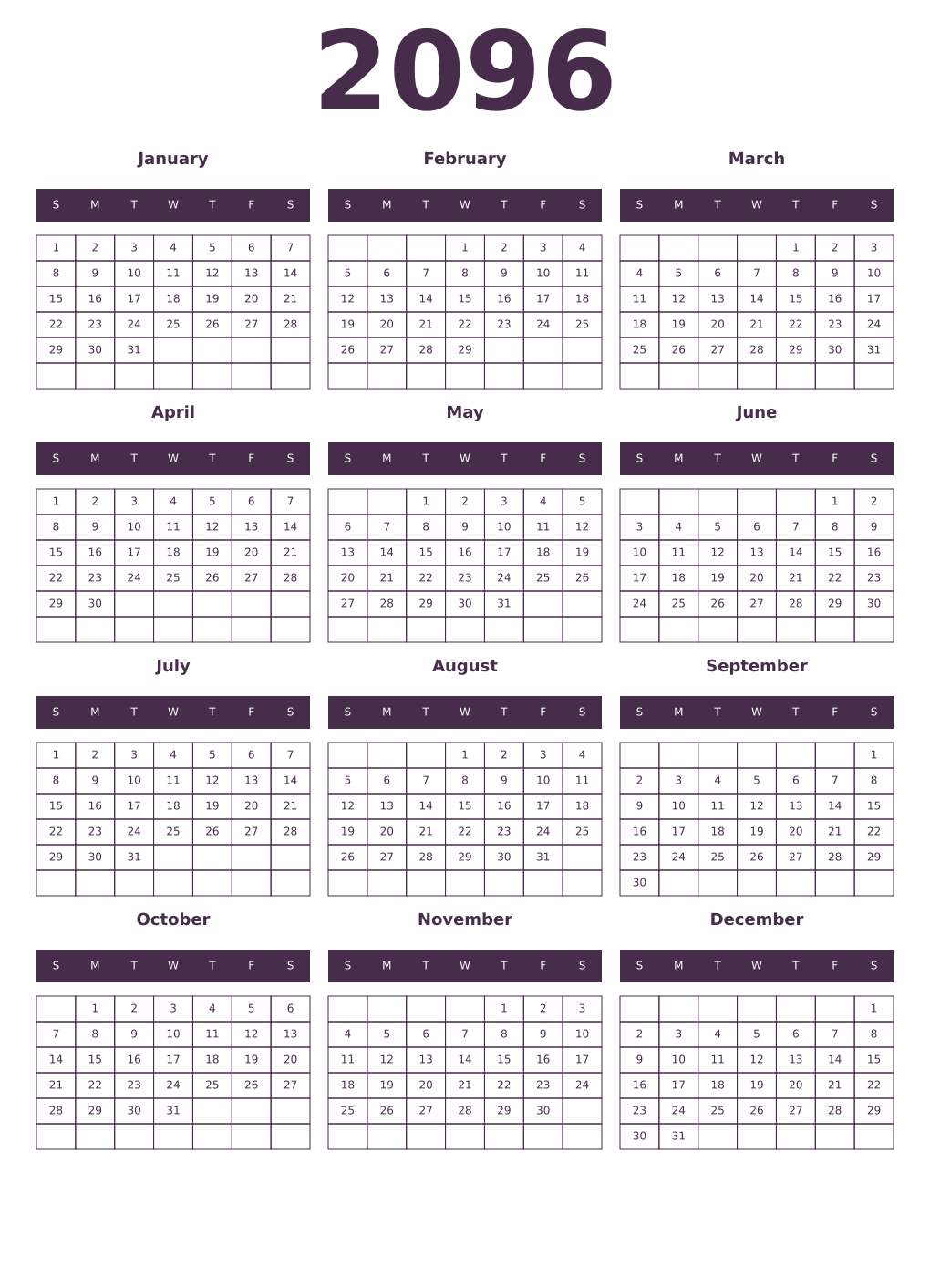 Printable 2096 Year Calendars aubergine