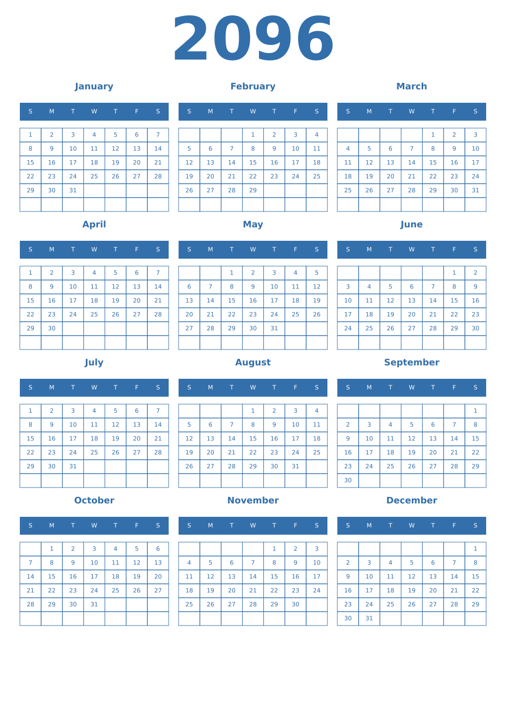 Printable 2096 Year Calendars blue
