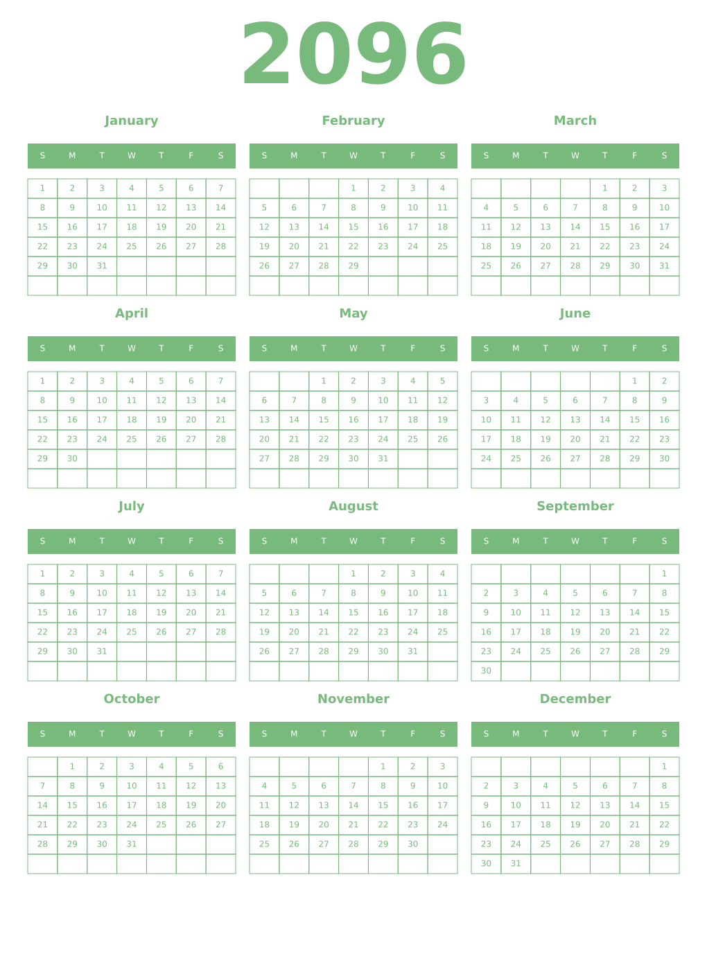 Printable 2096 Year Calendars celadon