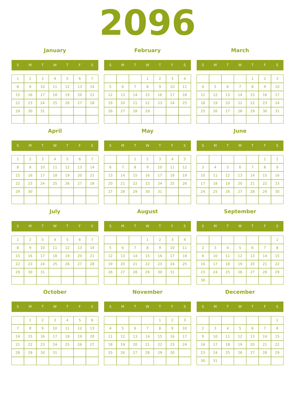 Printable 2096 Year Calendars chartreuse