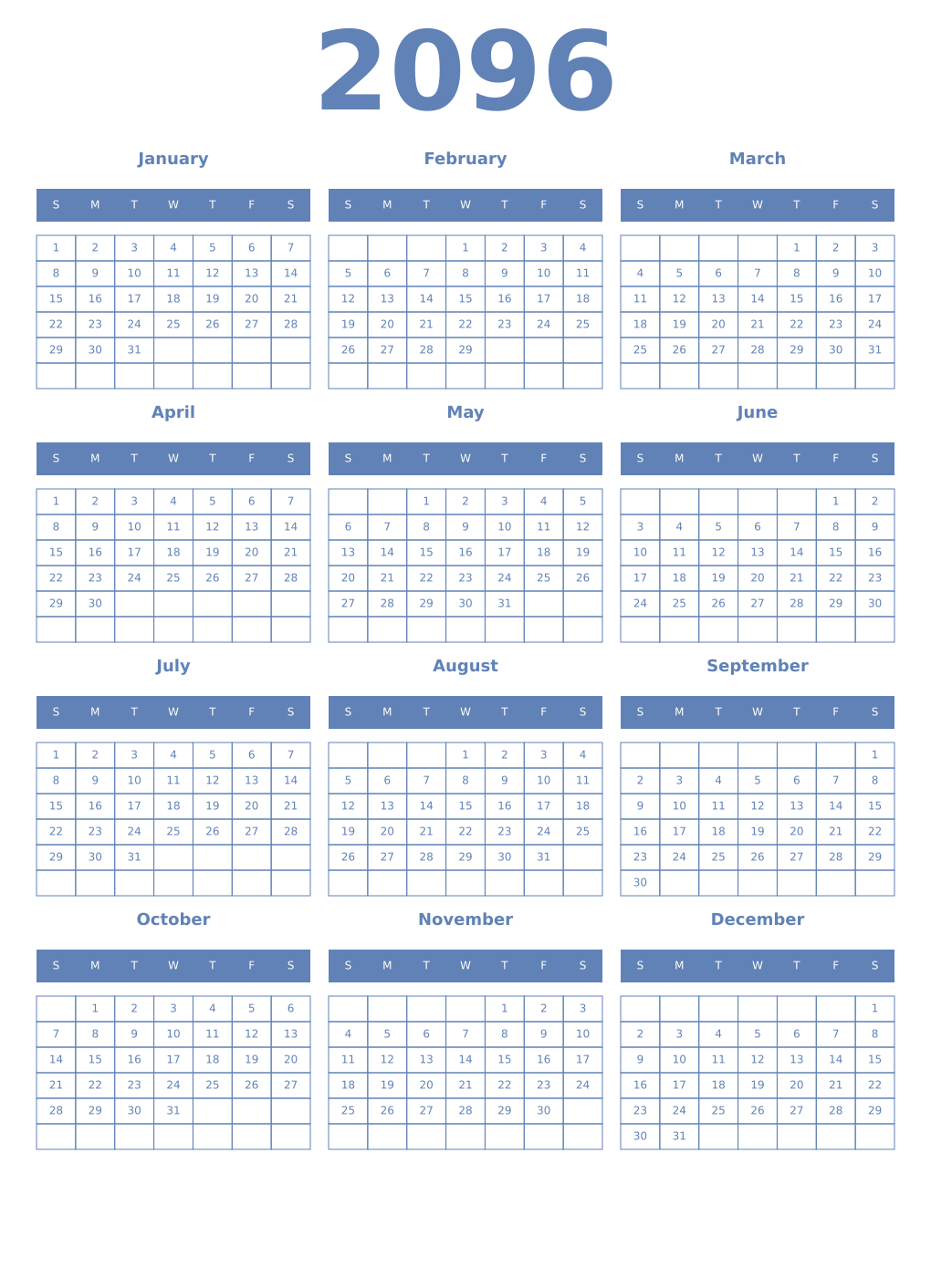 Printable 2096 Year Calendars glaucous