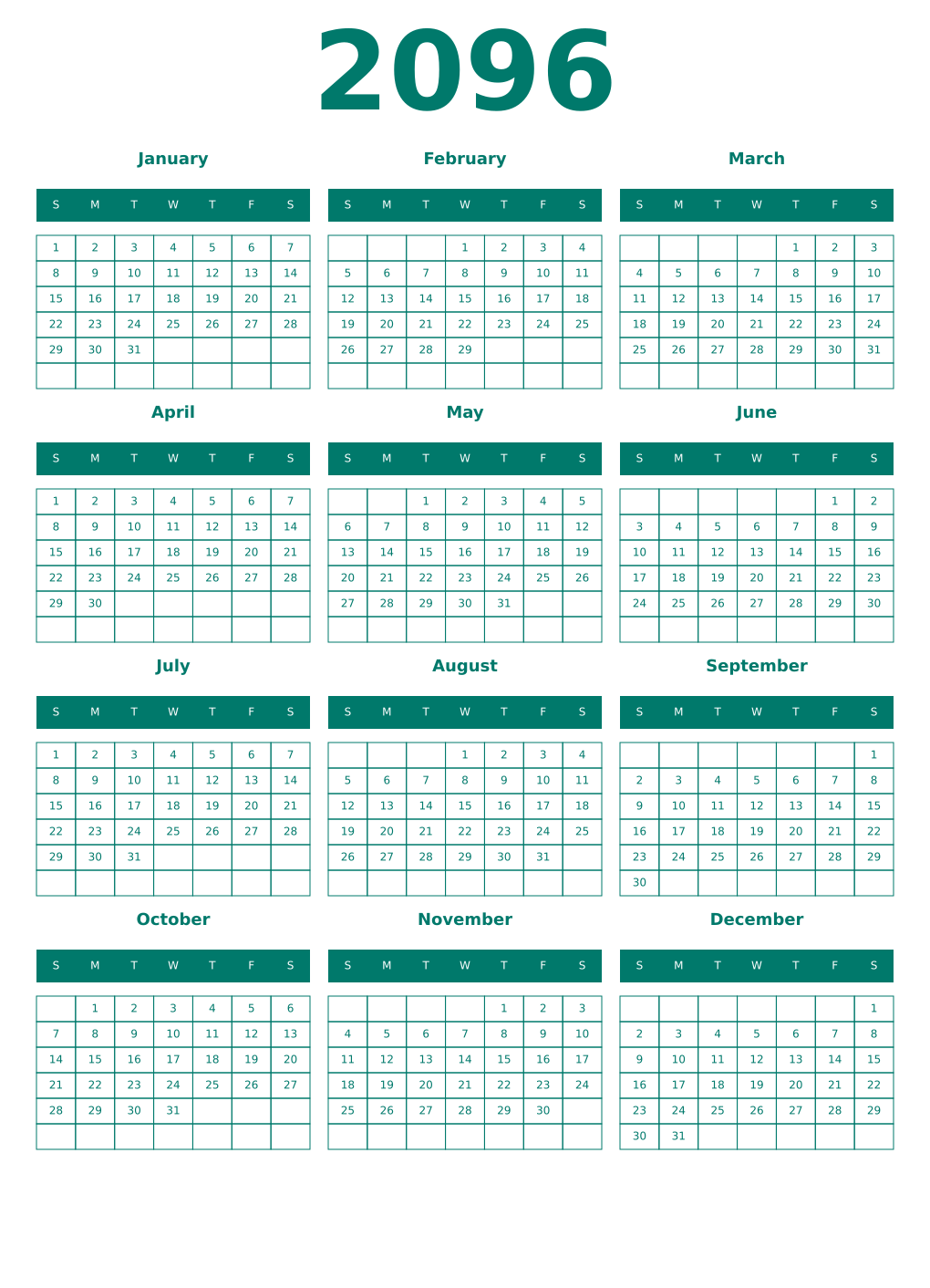 Printable 2096 Year Calendars pastel