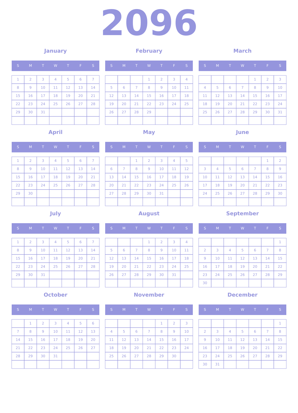 Printable 2096 Year Calendars periwinkle
