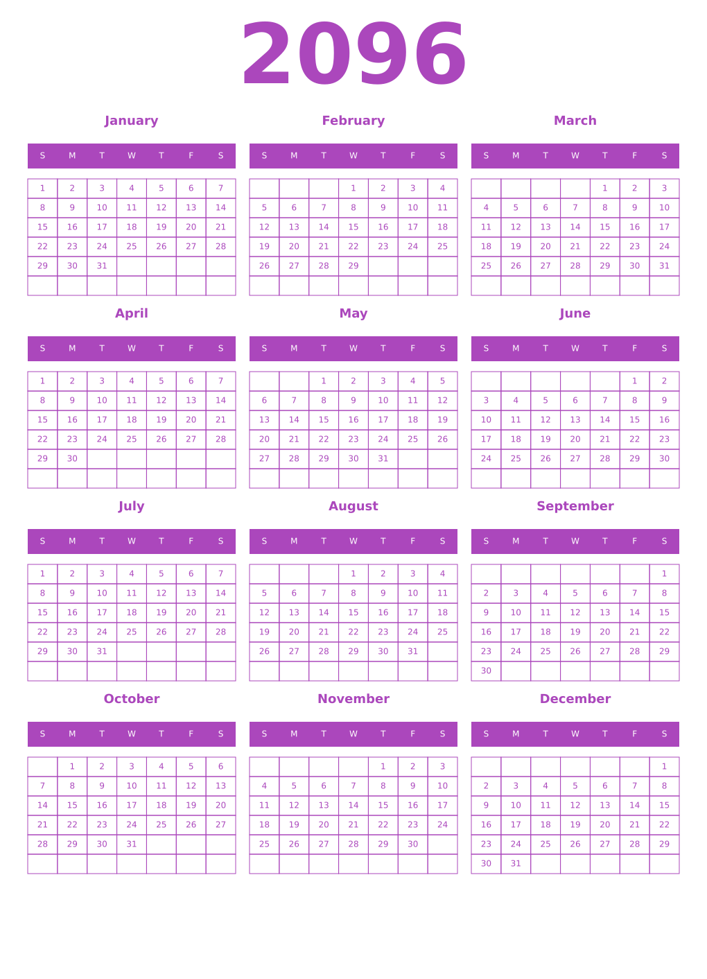 Printable 2096 Year Calendars purple