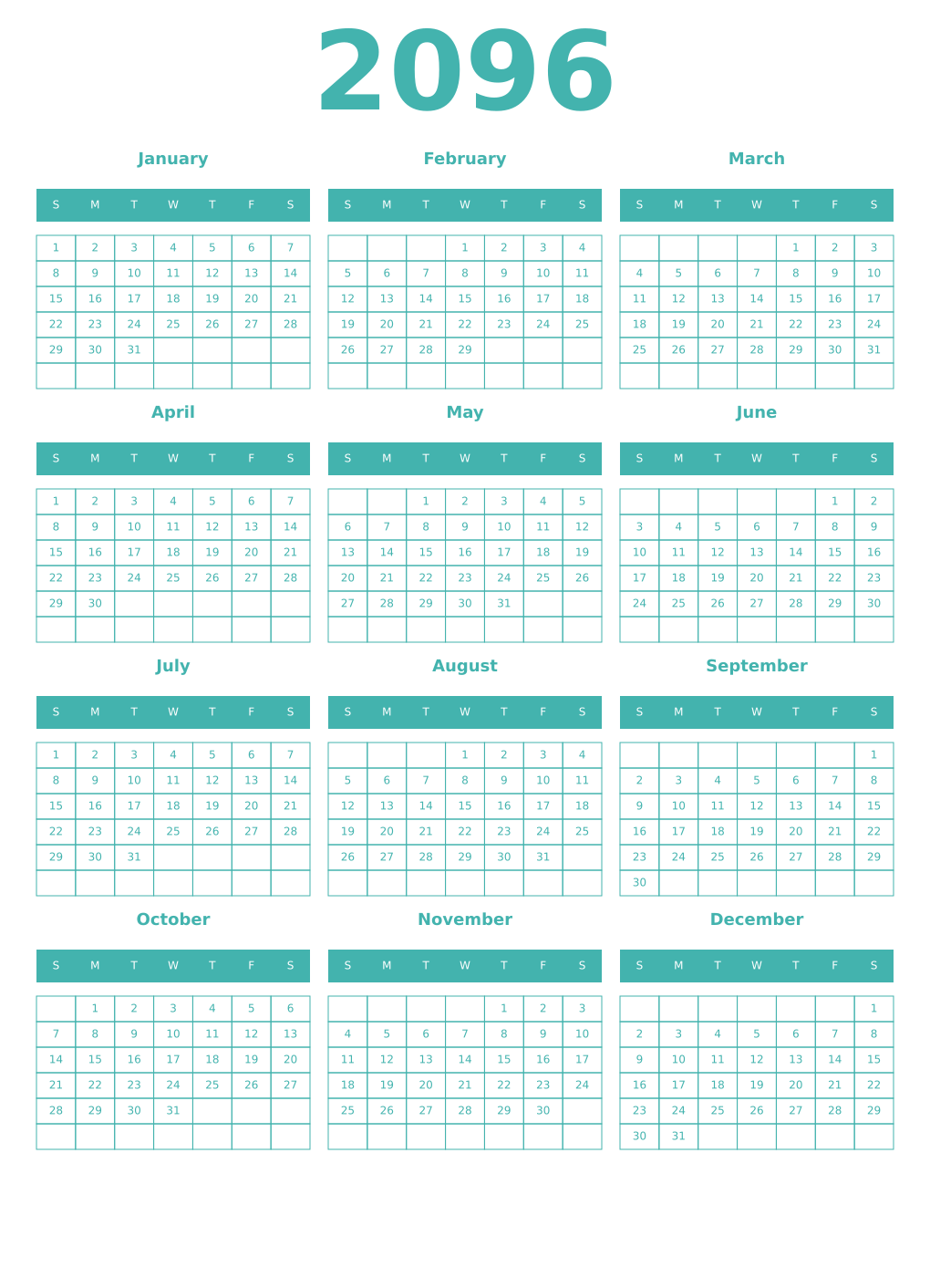 Printable 2096 Year Calendars verdigris
