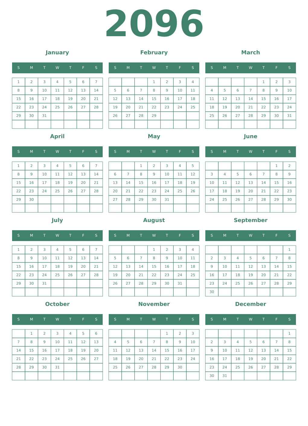 Printable 2096 Year Calendars viridian
