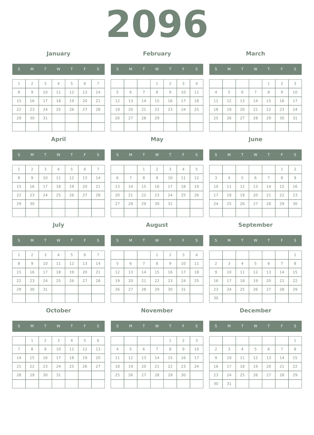 Printable 2096 Year Calendars xanadu