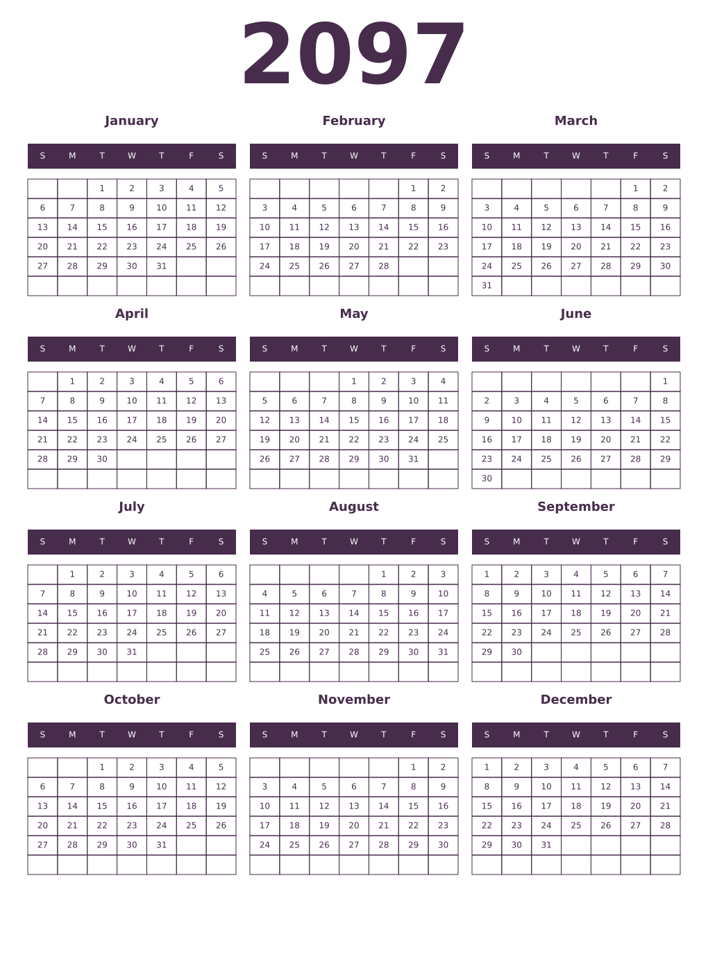 Printable 2097 Year Calendars aubergine