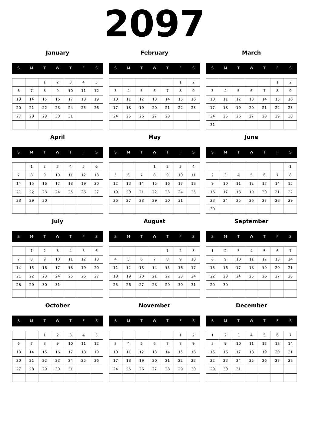 Printable 2097 Year Calendars black