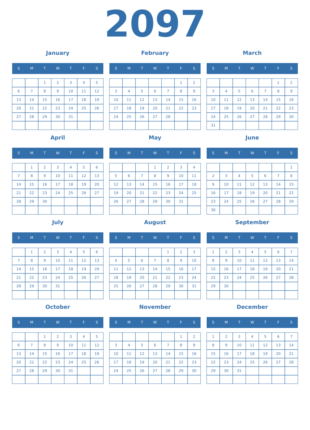 Printable 2097 Year Calendars blue