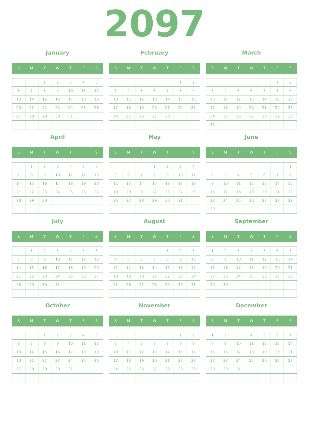 Printable 2097 Year Calendars celadon