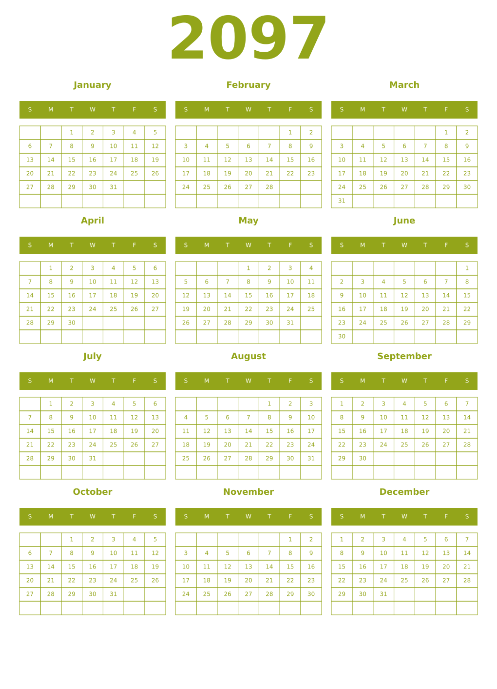 Printable 2097 Year Calendars chartreuse