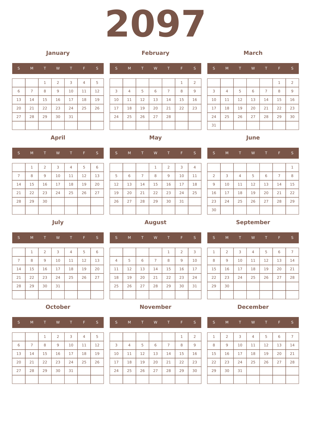 Printable 2097 Year Calendars coffe