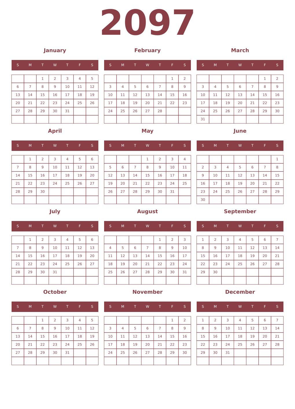 Printable 2097 Year Calendars cordovan