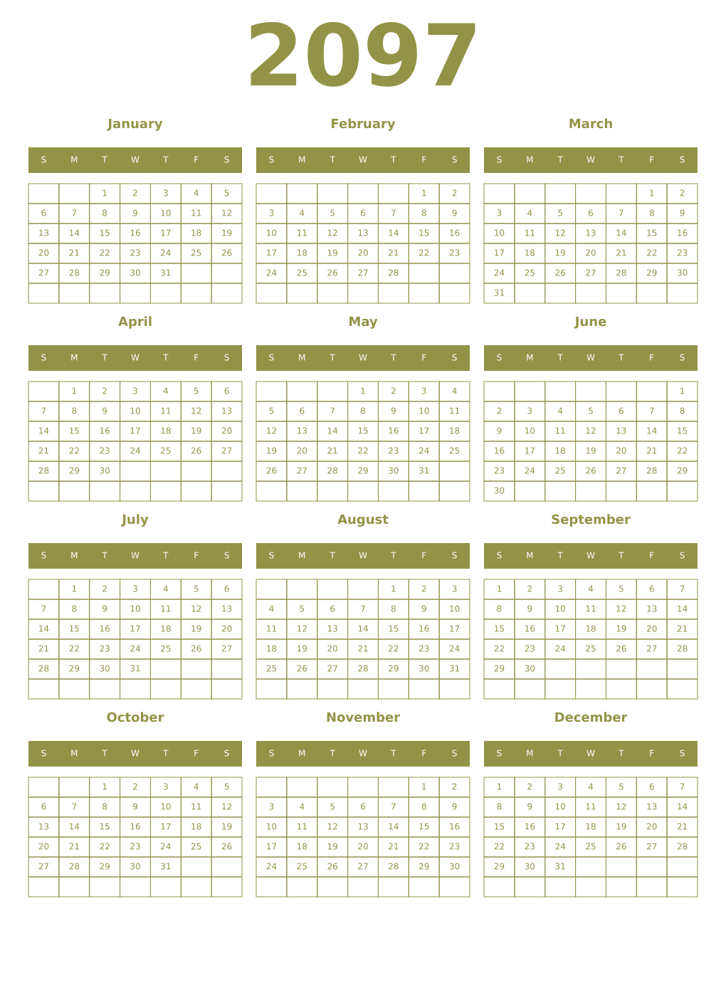 Printable 2097 Year Calendars eburnean