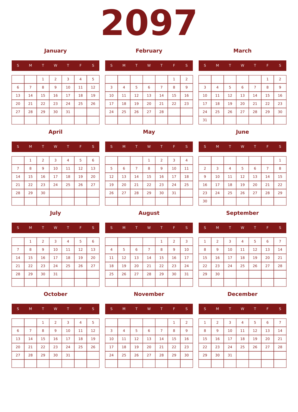 Printable 2097 Year Calendars falu