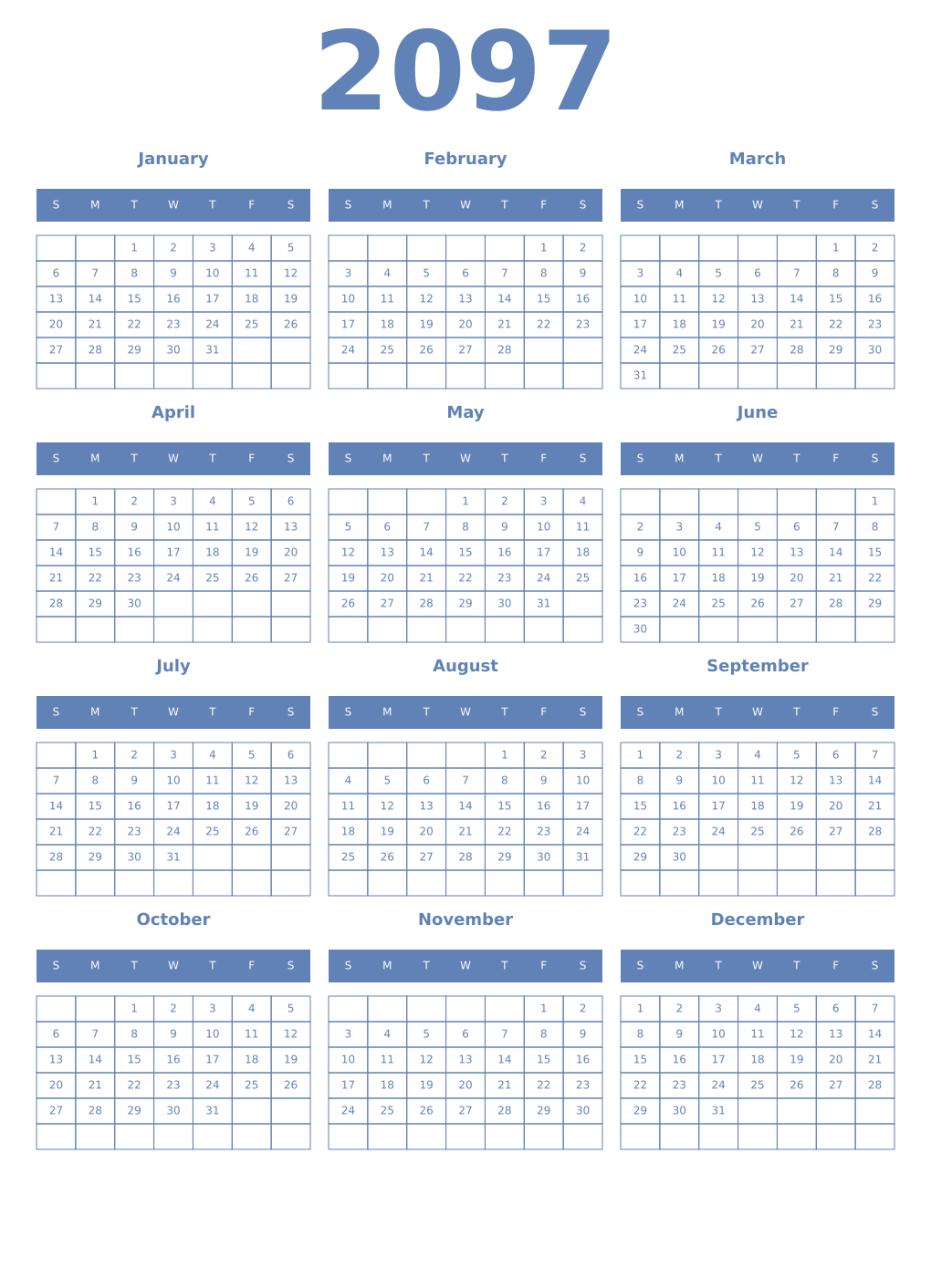 Printable 2097 Year Calendars glaucous