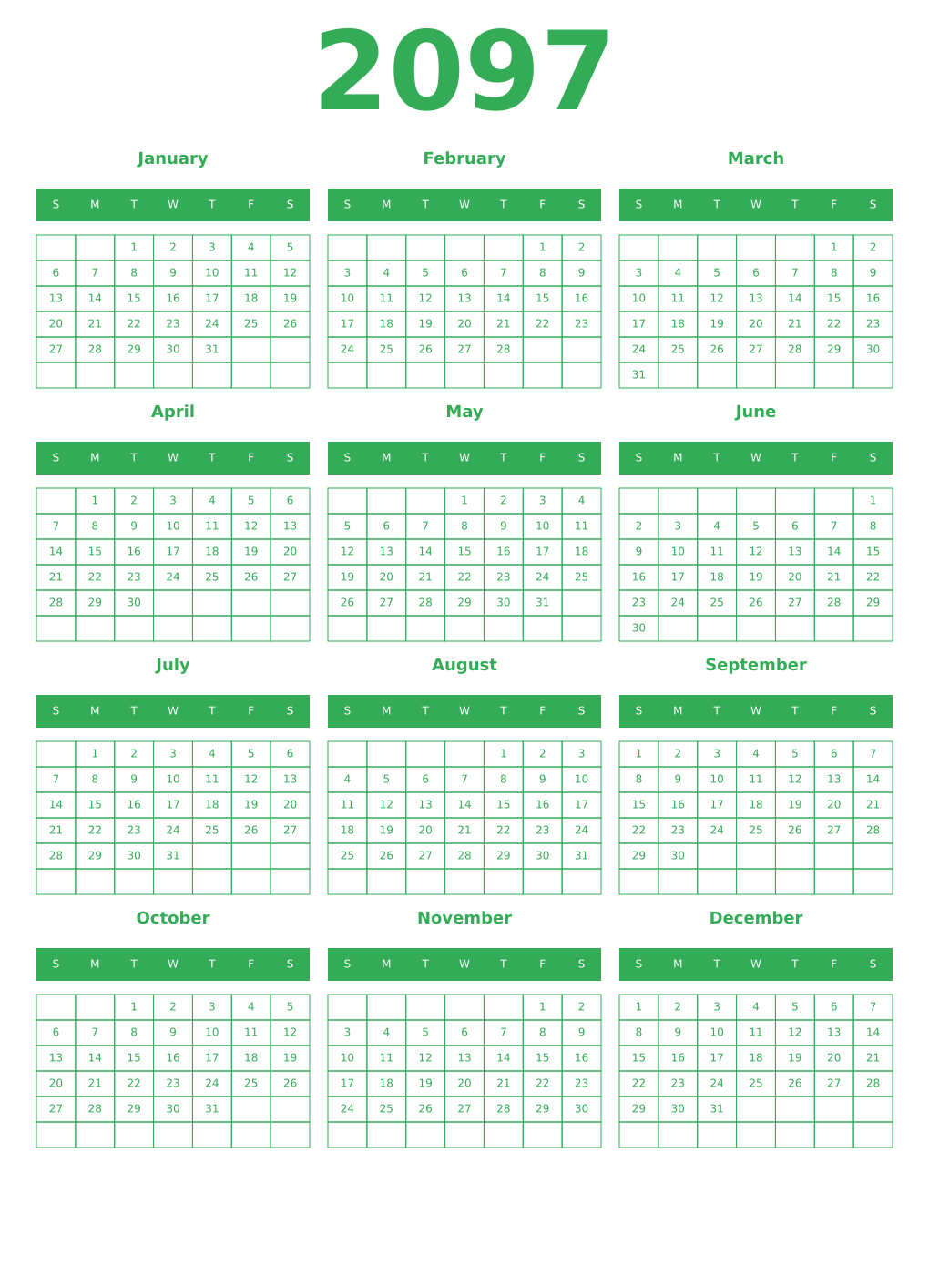 Printable 2097 Year Calendars green