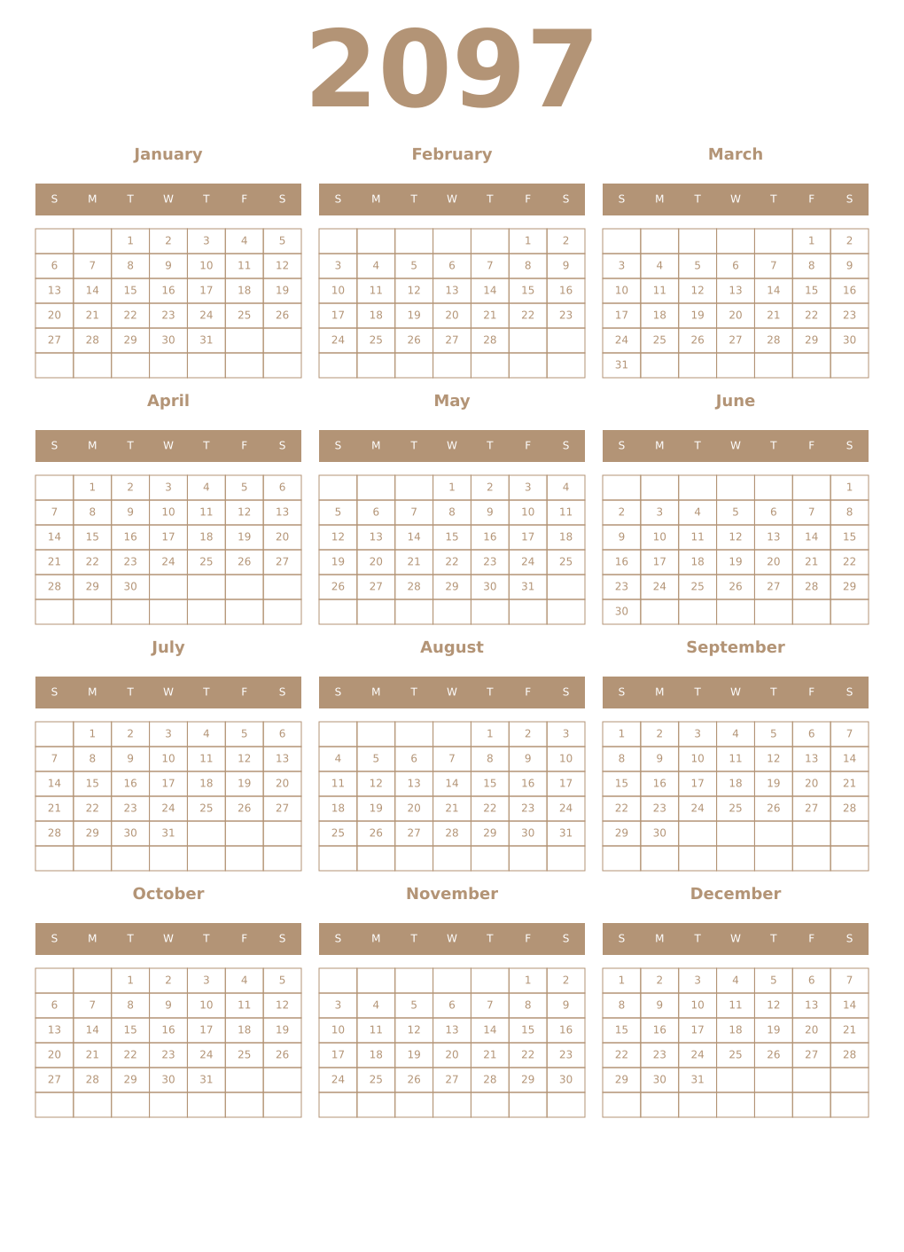 Printable 2097 Year Calendars isabelline