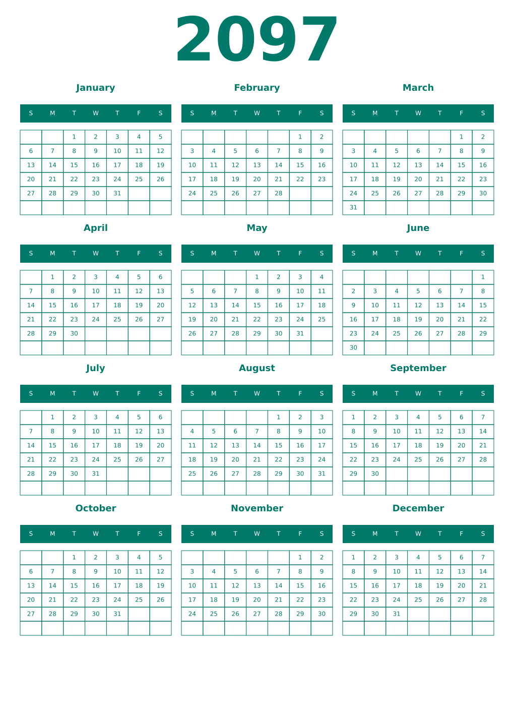 Printable 2097 Year Calendars pastel