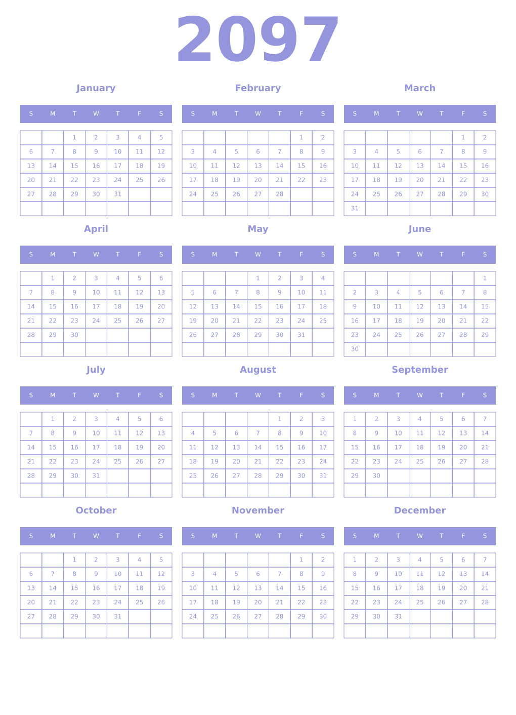 Printable 2097 Year Calendars periwinkle