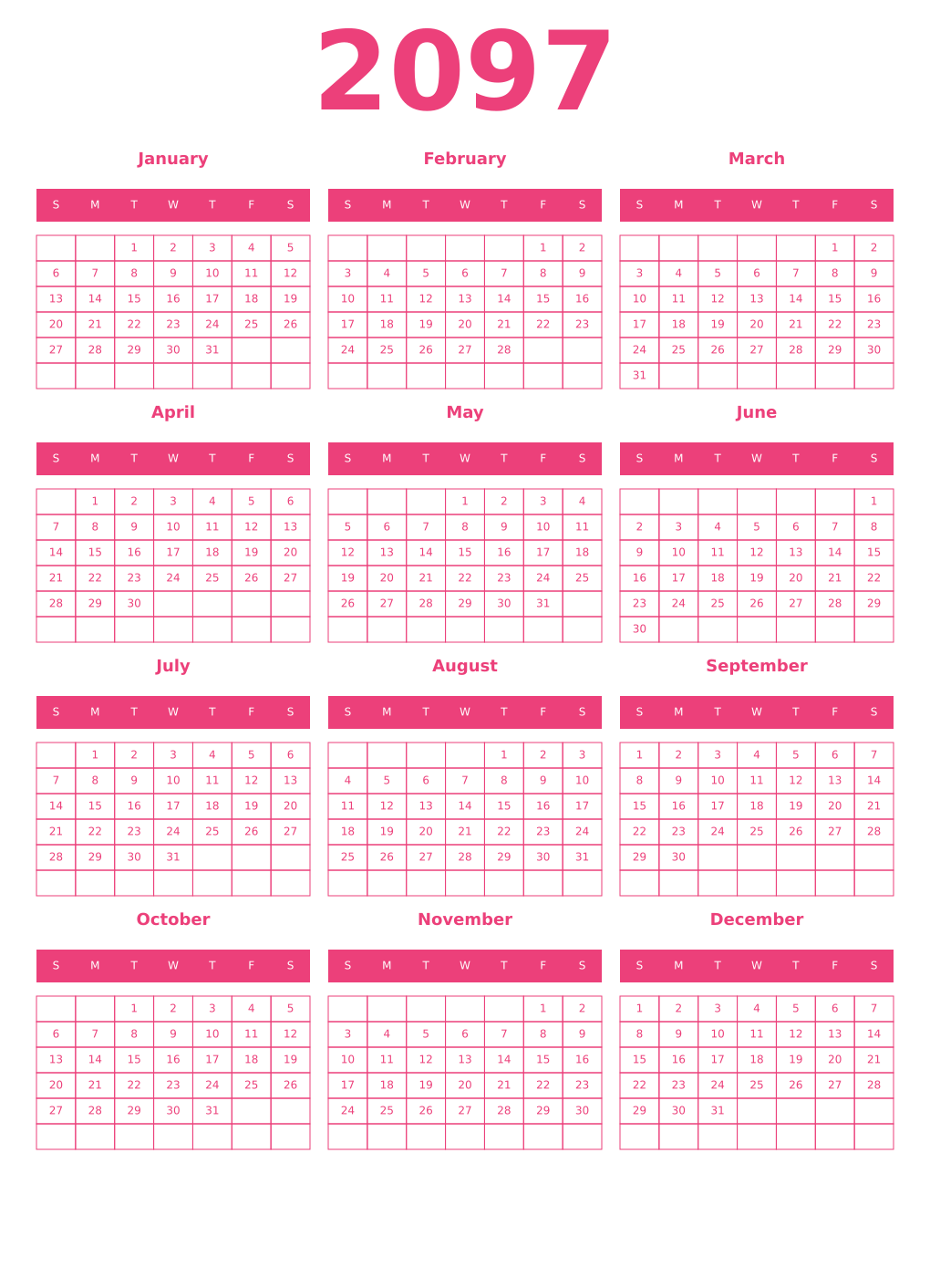 Printable 2097 Year Calendars pink