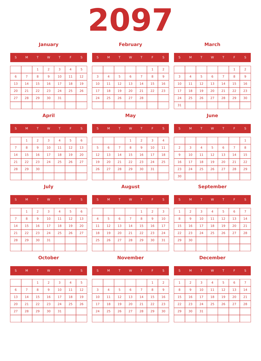 Printable 2097 Year Calendars red