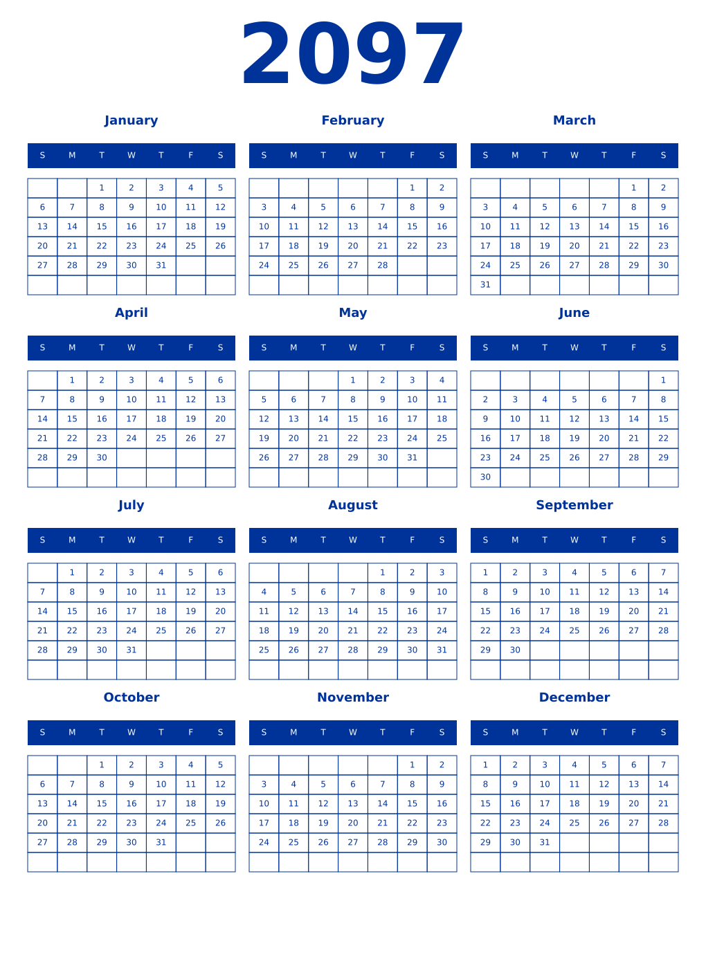 Printable 2097 Year Calendars smalt