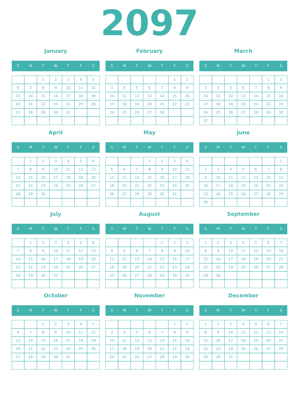 Printable 2097 Year Calendars verdigris