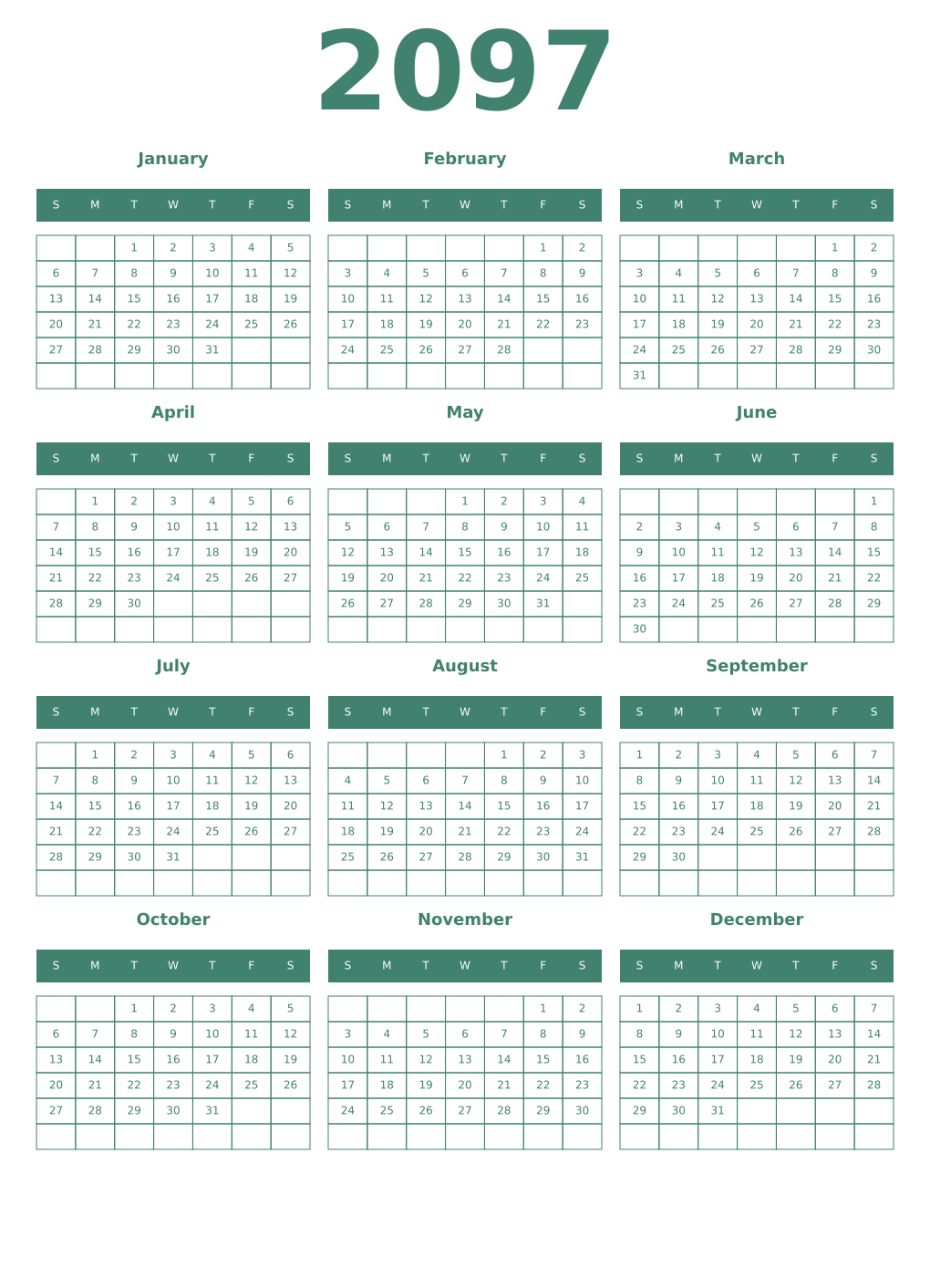 Printable 2097 Year Calendars viridian