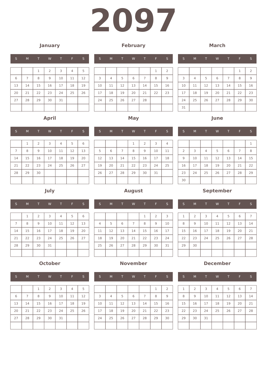 Printable 2097 Year Calendars wenge