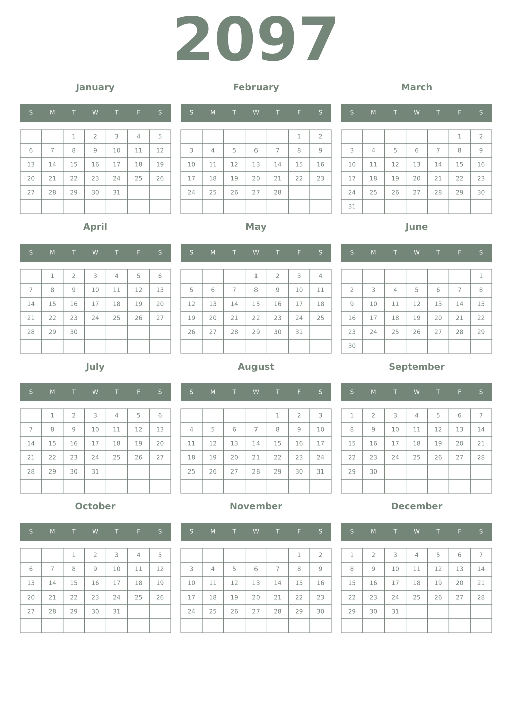 Printable 2097 Year Calendars xanadu