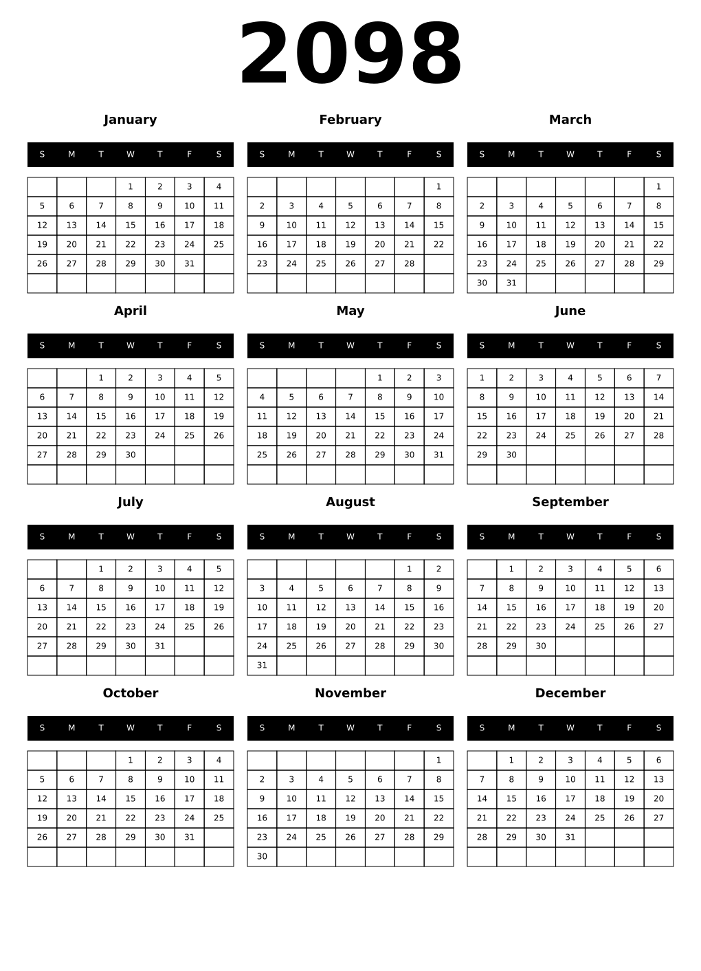 Printable 2098 Year Calendars black
