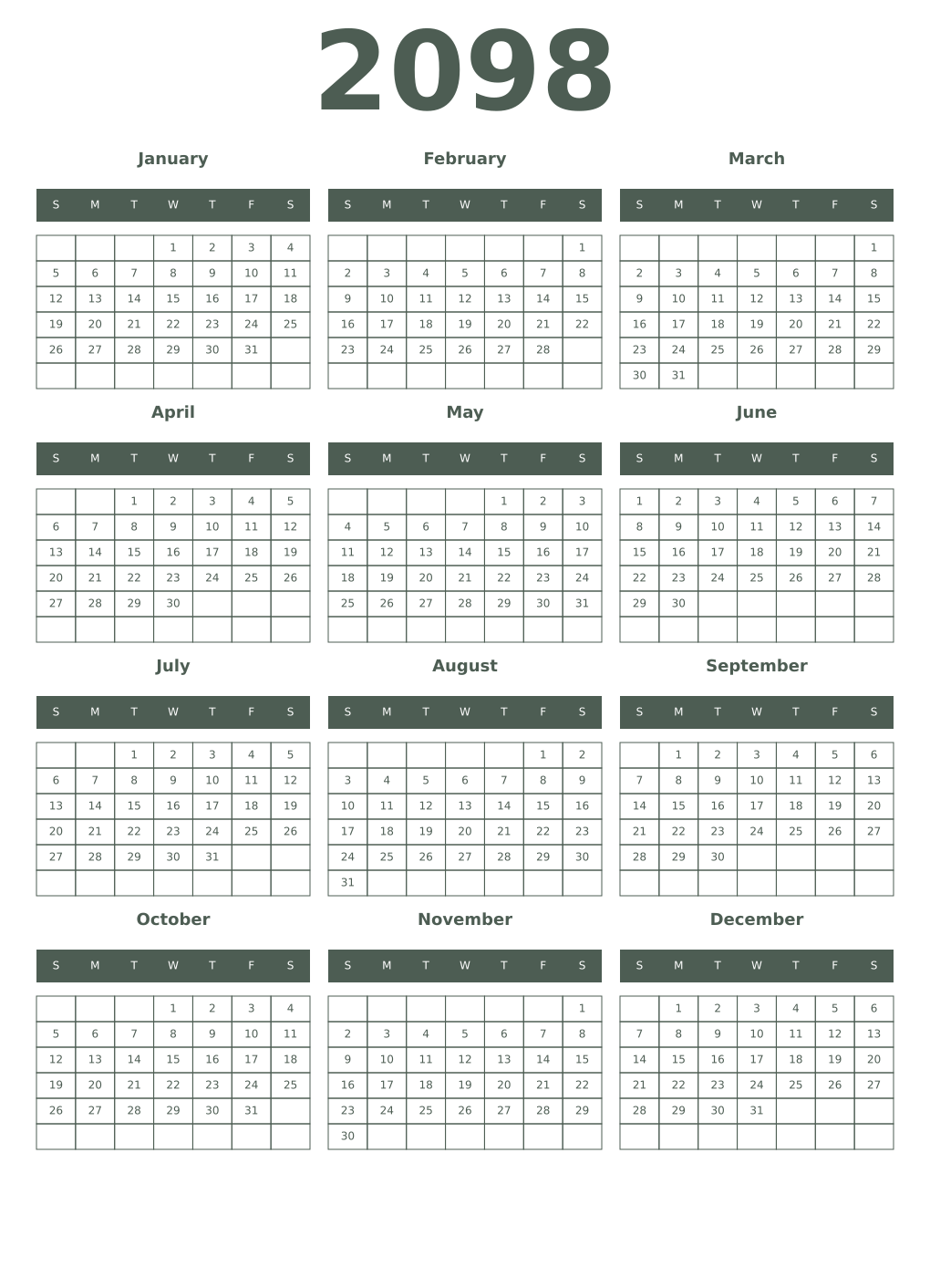 Printable 2098 Year Calendars feldgrau