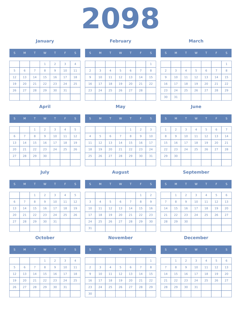 Printable 2098 Year Calendars glaucous