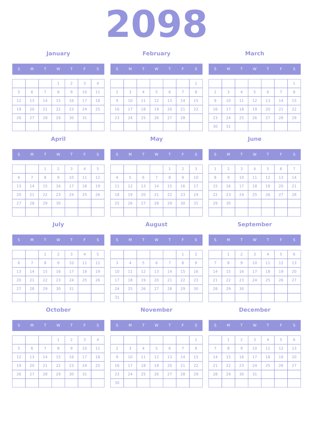 Printable 2098 Year Calendars periwinkle