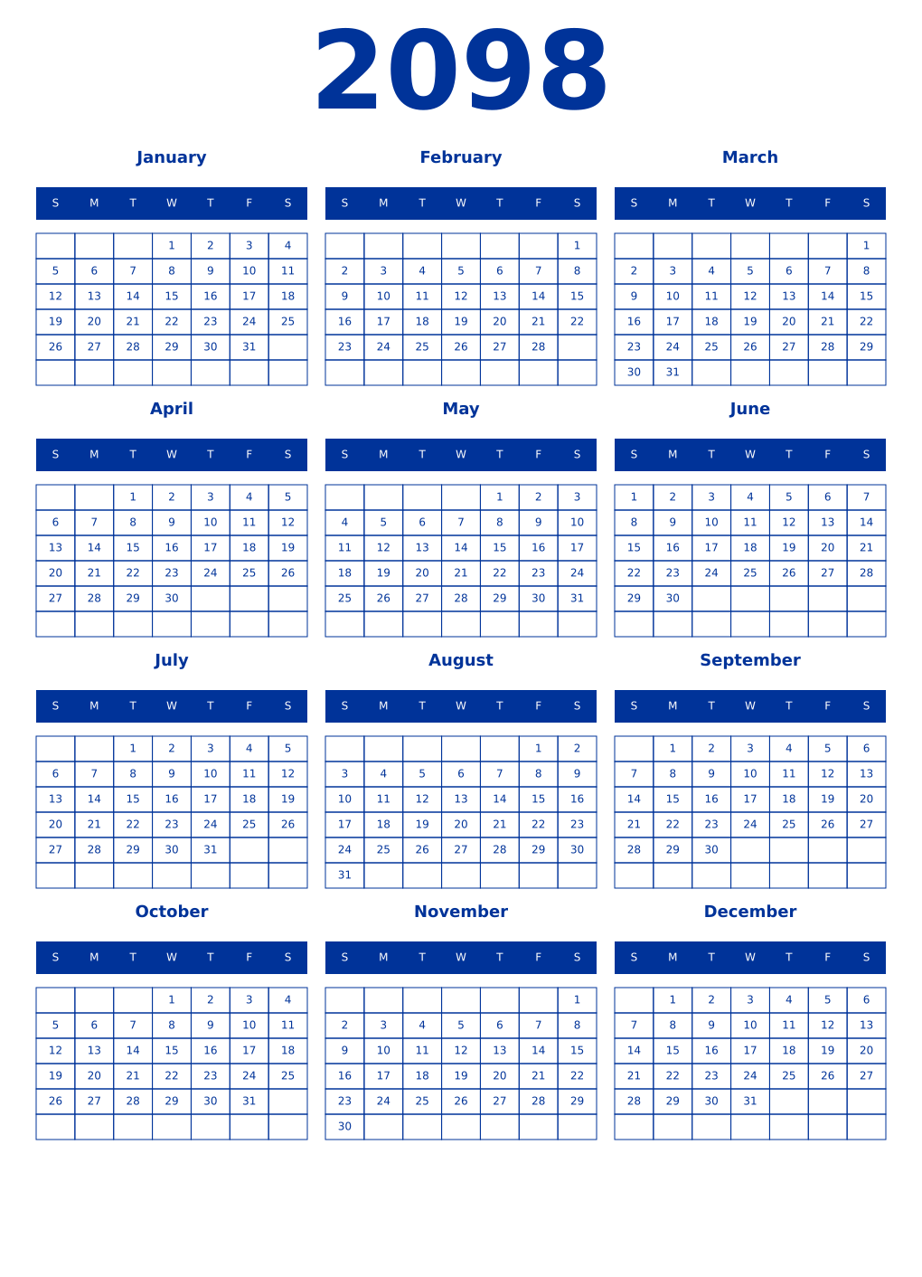 Printable 2098 Year Calendars smalt